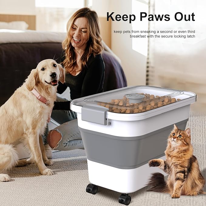 Dog Food Storage Container, 15-23 Lbs Collapsible Dog Food Container with Transparent Airtight Lid, Wheels and Scoop, Travel Pet Food Storage Container for Cat, Dog and Bird, Keep Dry Food Fresh