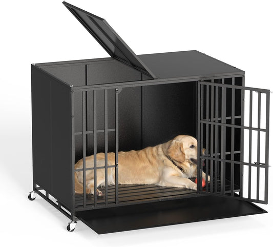 LEMBERI 48/42 inch Heavy Duty Indestructible Dog Crate, High Anxiety Extra Large Dog Cage for Large Dogs, XL Steel Escape Proof Dog Kennel with Wheels and Removable Tray