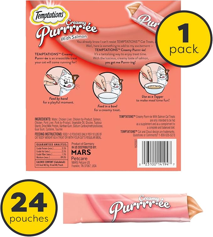 Temptations Creamy Puree Squeezable Lickable Wet Cat Treats with Salmon, 0.42 oz. Tubes, 24 Count