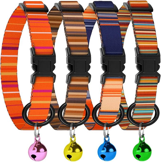 4PCS Breakaway Cat Collars with Bell - Cute Soft Adjustable Safety Kitten Collars 4-Pack - Nylon Pet Collars Nature Tribal Striped Floral Space Aztec Flowers Print (Striped)
