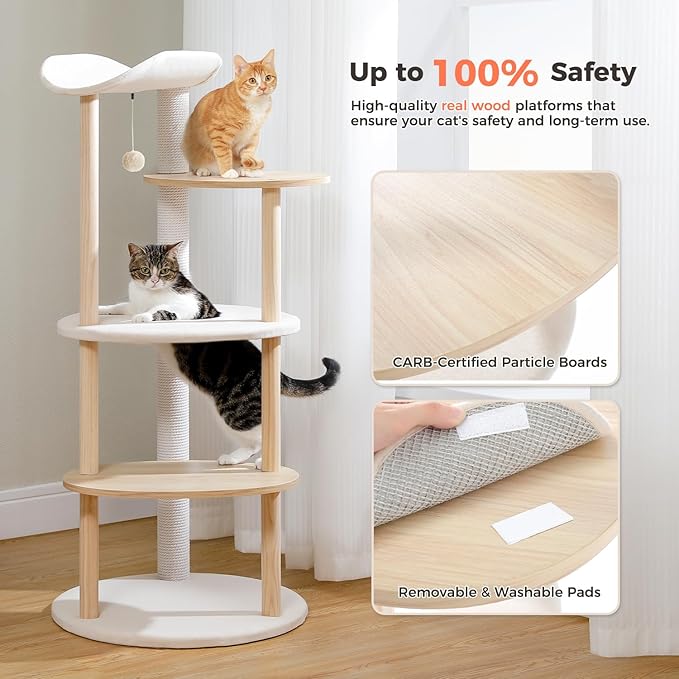 49” Wood Cat Tree Tower for Indoor Cats, 5-Level Modern Cat Tower with Curved Top Perch, Fully Cotton Scratching Posts & Natural Wood Posts, Cat Furniture with Interactive Dangling Ball, Beige