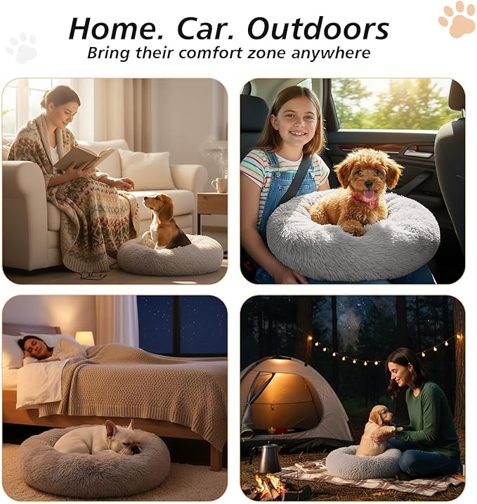 JOLLYVOGUE Small Dog & Cat Beds for Indoor Cats, Donut Cuddler Warming Soft Dog Beds with Anti-Slip Bottom, Round Calming Fluffy Plush Faux Fur Cushion Bed for Small Dogs (20", Smoke Grey)
