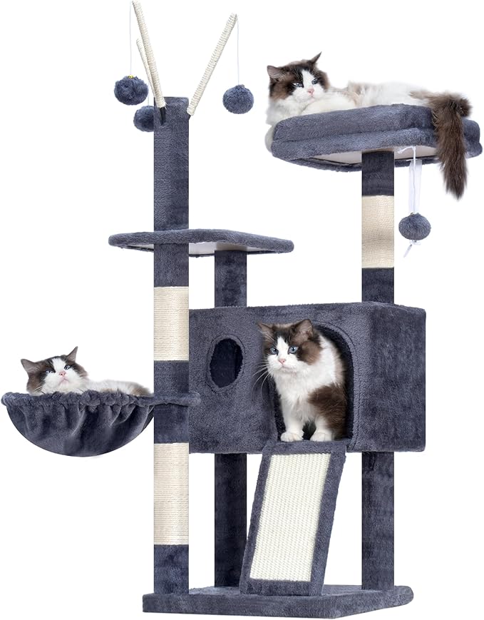 Hey-brother Cat Tree Tower, Scratching Posts with Removable Toys, Cozy Condo, Platform, Hammock, Sisal Scratch Board and Ball for Indoor Kittens, 41.3 Inches, Smoky Gray MPJ008SG