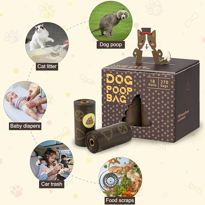 DBFAIRY Dog Poop Bags Coffee Scented, 18 Rolls 270 Count Compostable Dog Waste Bags Strong Thick, Leak Proof and Portable Poo Bags Refill Rolls for Dogs and Cats