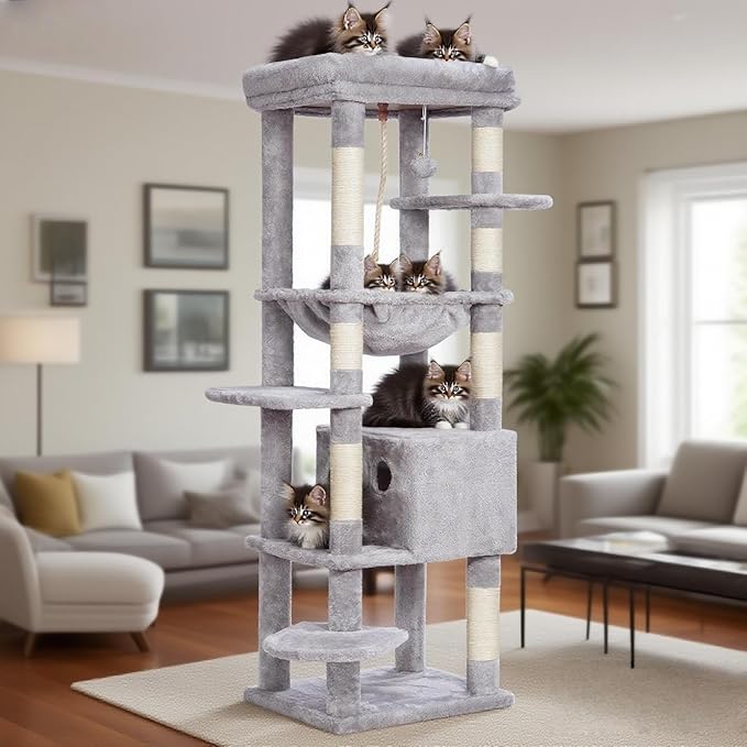 Heybly Cat Tree for Large Cats 20lbs Heavy Duty,60 inches XXL Cat Tower for Indoor Cats, Multi-Level Furniture Condo with Big Padded Plush Perch, Cozy Basket, Light Gray HCT050W
