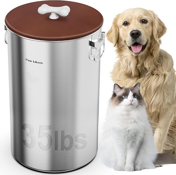 35 Lbs Stainless Steel Dog Food Storage Container with Airtight Lid & Ceramic Bone Handle, Large Metal Dog Food Bin for Dogs & Cats, Keep Fresh, Easy to Clean