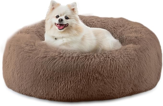 23'' inch Calming Dog Bed, Plush Anti-Anxiety Donut Dog Bed for Small Dogs, Warming Cozy Soft Cute Round Washable, Marshmallow Cuddler Nest Pet Bed, Brown