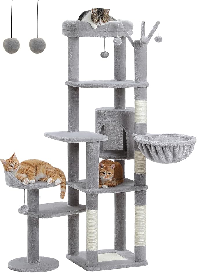 Cat Tree for Large Cats, 59-inch Tall Cat Tower with 3 Removable Pompom Sticks, Condo, Large Hammock, Scratching Post & 2 Perches, Grey