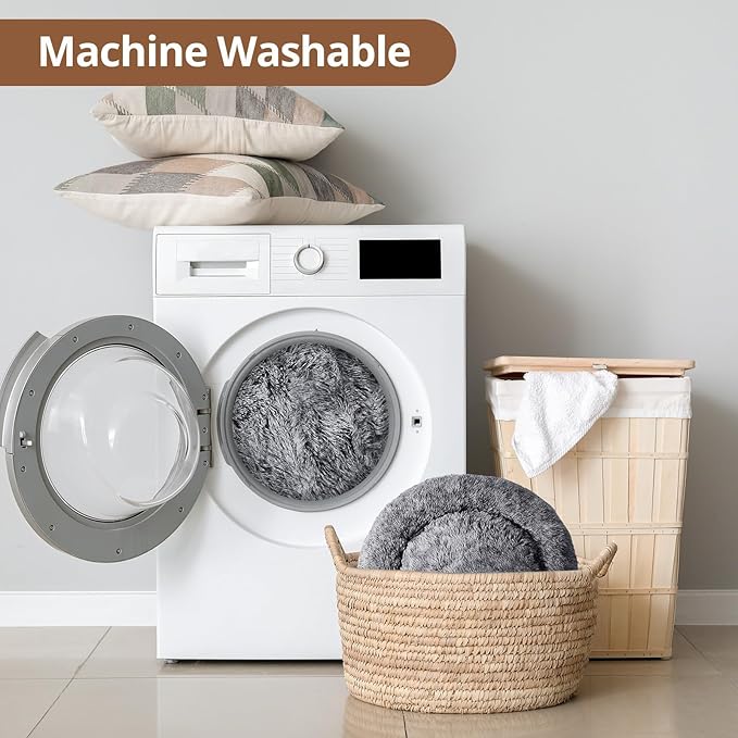 JOLLYVOGUE Small Dog & Cat Beds for Indoor Cats, Donut Cuddler Warming Soft Dog Beds with Anti-Slip Bottom, Round Calming Fluffy Plush Faux Fur Cushion Bed for Medium Dogs (27", Smoke Black)