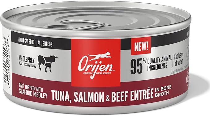 ORIJEN Premium Pate Wet Cat Food in Bone Broth Tuna Salmon & Beef Entrée 5.5oz Cans (12 Count)