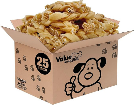 ValueBull Buffalo Collagen Braided Sticks for Large Dogs, 6 Inch Thick Chews, Natural Long-Lasting Dog Treats, 25 Count Bulk Pack - Supports Joints, Skin & Coat with Chondroitin & Glucosamine