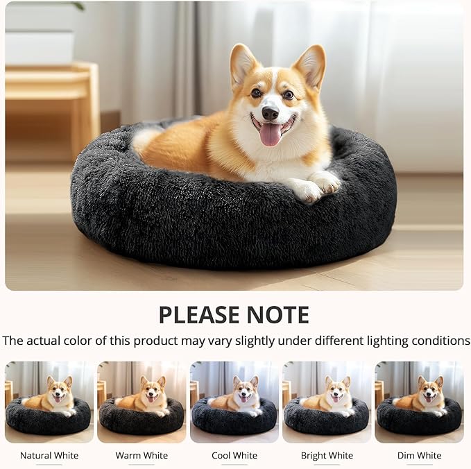 JOLLYVOGUE Small Dog & Cat Beds for Indoor Cats, Donut Cuddler Warming Soft Dog Beds with Anti-Slip Bottom, Round Calming Fluffy Plush Faux Fur Cushion Bed for Small Dogs (23", Black)
