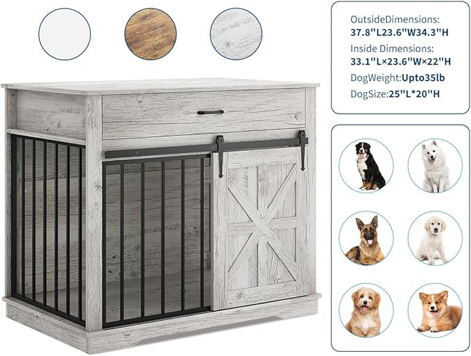 37.8" Dog Crate Furniture, Farmhouse Style 2-in-1 Dog Crate with Sliding Barn Door for Small/Medium Dogs, Dual Function as Side Table with Storage Drawer, 2-in-1 Iron-Wood Fusion Design, Grey