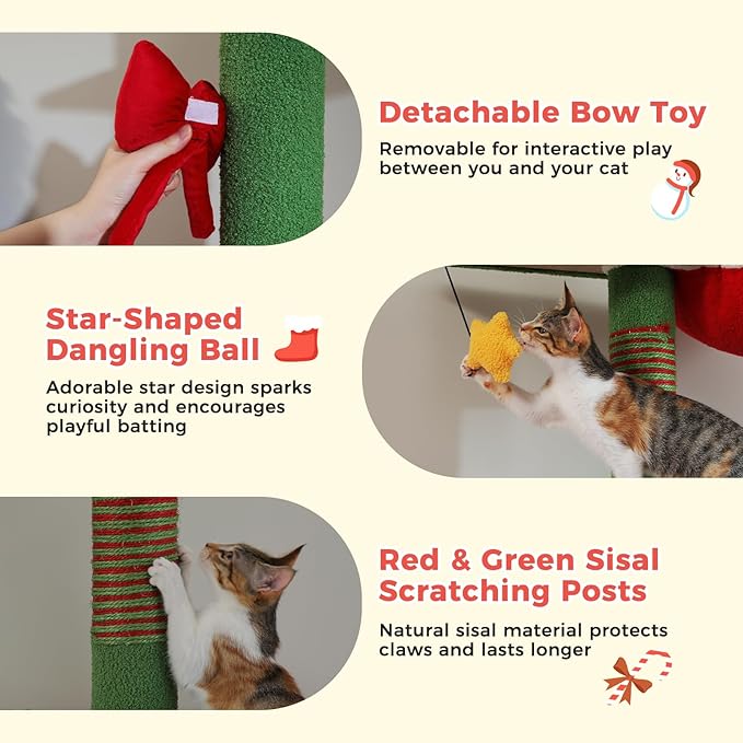 Christmas Cat Tree, Floor to Ceiling Tall Cat Tower (Adjustable Height 83"-108.7") with 3 Spacious Condos, Scratching Posts, Climbing Ladder, Hammock & Detachable Cat Toy for Indoor Cats