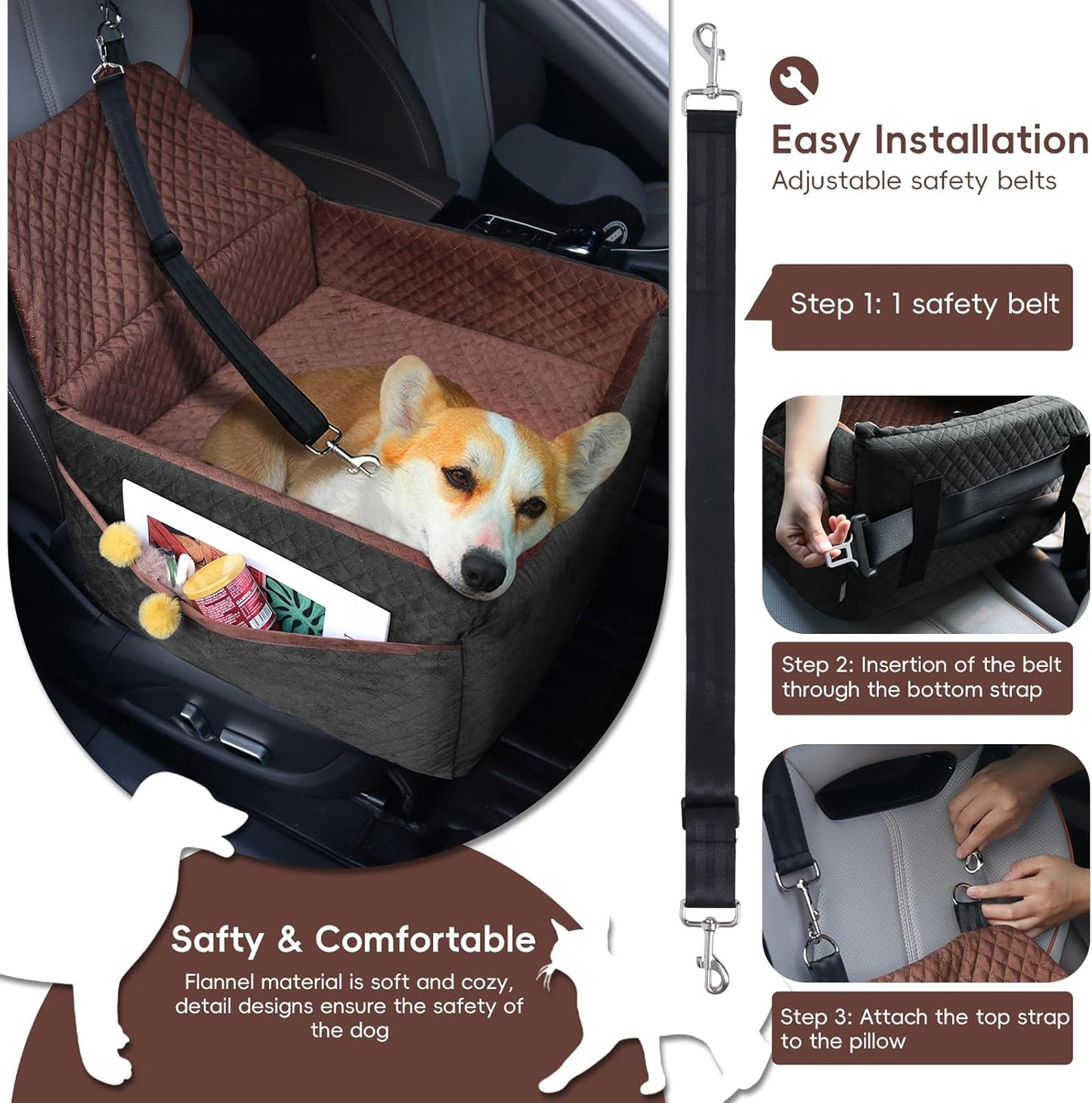 Dog Car Seat for Small Medium Dogs, Soft Fabric Dog Booster Seat with Storage Pockets, Safety Belt, Comfy Pet Car Seat Travel Bed, Removable and Washable