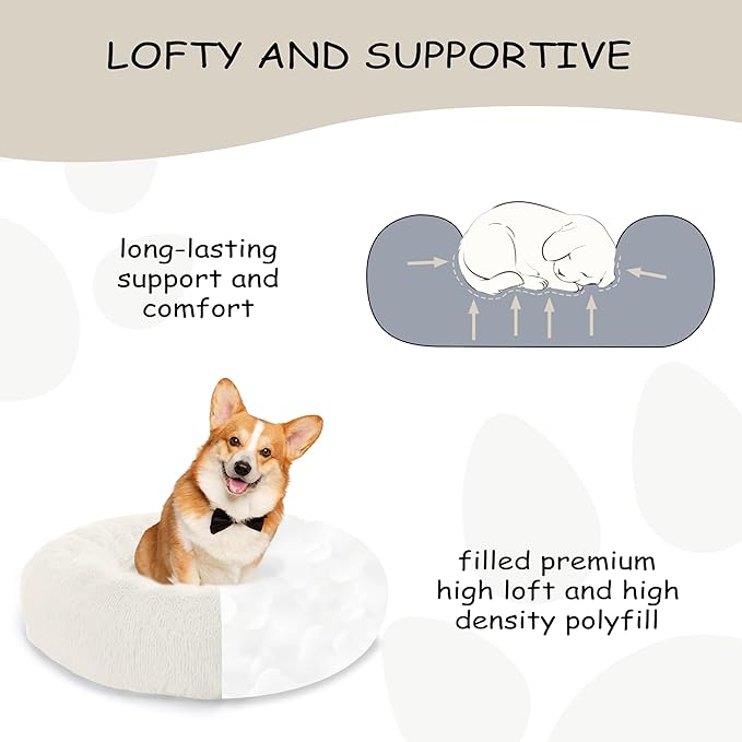39'' inch Calming Dog Bed, Anti-Anxiety Donut Bed for Medium Large Dogs, Warming Cozy Soft Cute Round Washable, Marshmallow Cuddler Nest Puppy Dogs and Cats Bed, White