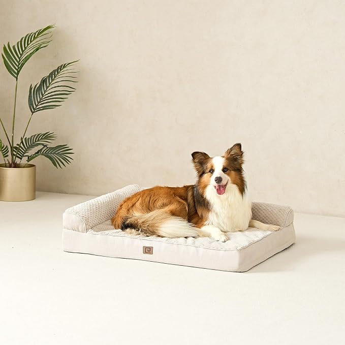 EHEYCIGA Memory Foam Dog Bed Large Sized Dogs, Pet Bed for Large Dog for Crate with Waterproof Liner, Pet Couch Bed Orthopedic with Washable Removable Cover, 35x23x6 Inches, Beige