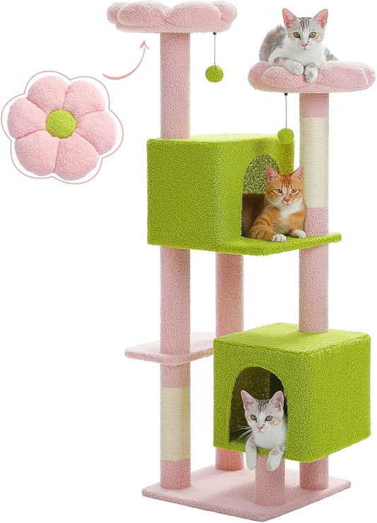 52.4" Flower Cat Tree, Cute Cat Tower for Indoor Cats with 2 Padded Flower Perches, 2 Cozy Condos & Sisal Scratching Posts, Pink