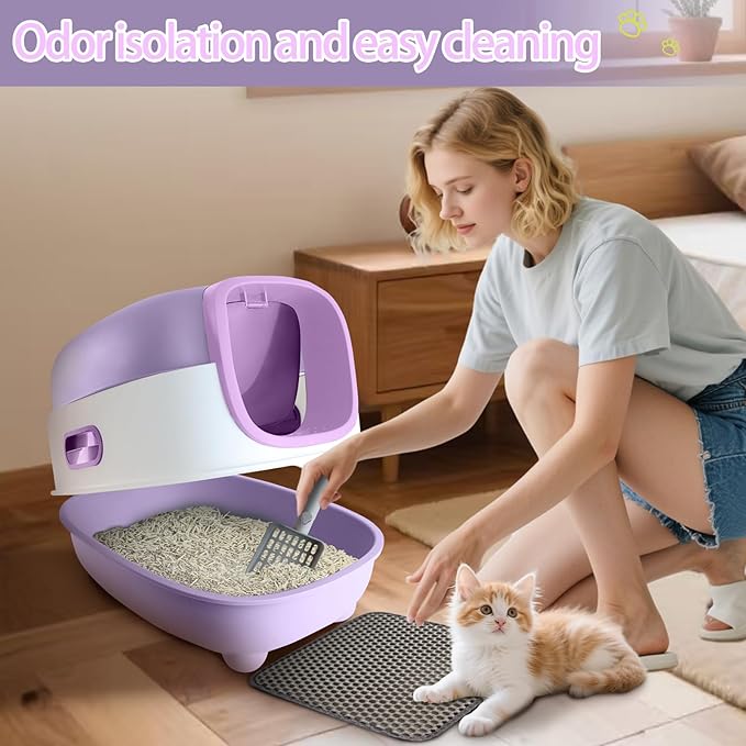 Large Cat Litter Box with Cat Litter Scoop, Foldable Litter Box with Lid, Front Entry and Exit Leak-Proof Litter Cat Box, Odor Control, Easy to Clean (Purple)