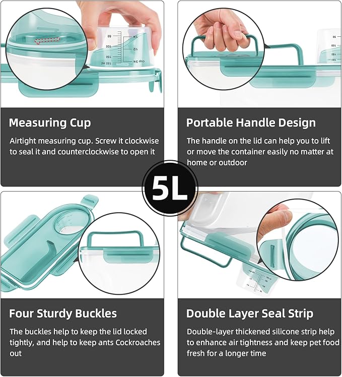 5-7Lbs Dog Cat Food Storage Container with Upgraded Large Nozzle BPA-free, 4 Snap Seals Plastic Pet Food Storage Containers with Handles (Clear Blue, (5L+3L) 2pack)