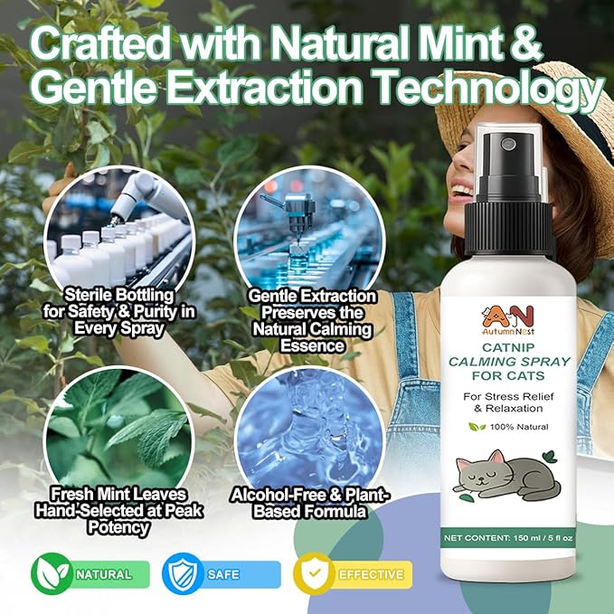 Cat Calming Spray with Natural Mint – 150ml Pet Relaxant for Cats and Kittens – Helps Reduce Stress, Anxiety & Unwanted Behavior – Plant-Based Soothing Spray for Travel, Vets & Home Use