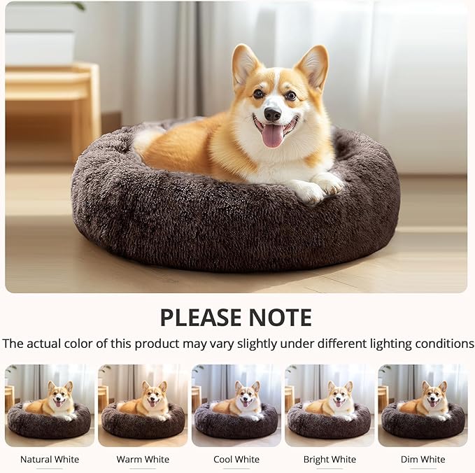 JOLLYVOGUE Small Dog & Cat Beds for Indoor Cats, Donut Cuddler Warming Soft Dog Beds with Anti-Slip Bottom, Round Calming Fluffy Plush Faux Fur Cushion Bed for Small Dogs (20")