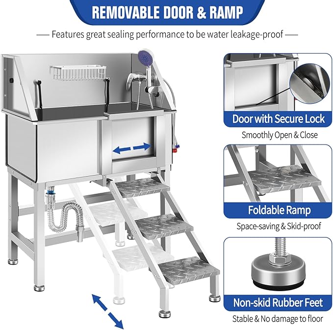 Professional Stainless Steel Dog Bathing Station, Dog Grooming Tub, with Stairs, Floor Grate & Faucet for Dog Bathtub for Large, Medium & Small Pets,34" R-RAMP