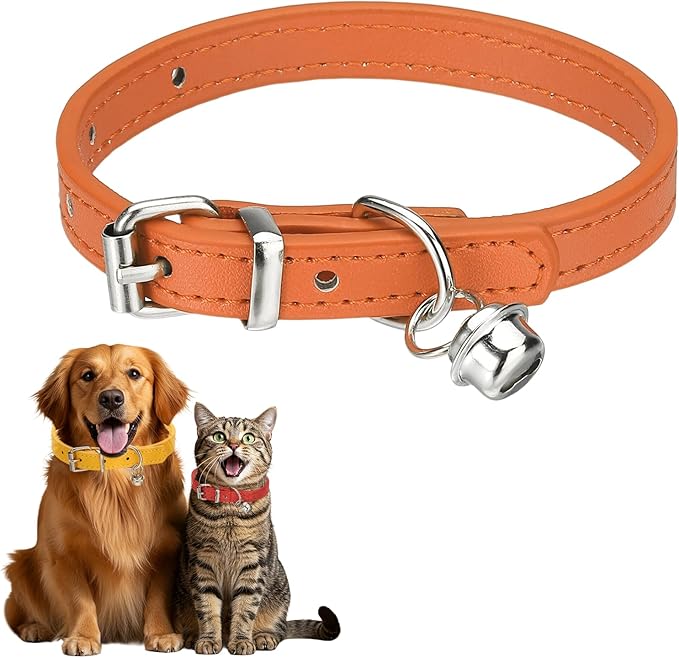 Dog Collar with Bell, Pu Leather Cat Collars Pet Basic Soft Padded Adjustable Buckle, 10" (Orange, 1 Pcs), Intended for Teacup/Little Dog/Kitten Cats/Small Animals