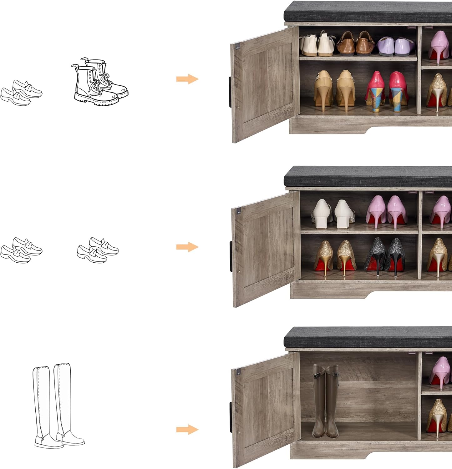 2-Tier Storage Bench, Shoe Bench with Padded Seat Cushion, Entryway Bench with 2 Barn Doors, Adjustable Shelf, 13.8" D x 39.4" W x 17.7" H, for Entryway, Living Room, Bedroom, Greige