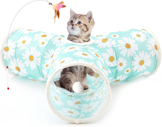 Tempcore Pet Cat Tunnel Tube Cat Toys 3 Way Collapsible, Cat Tunnels for Indoor Cats，Kitty Tunnel Bored Pet Toys Peek Hole Toy Ball, Puppy, Kitty, Kitten, Rabbit Daisy Blue Printed