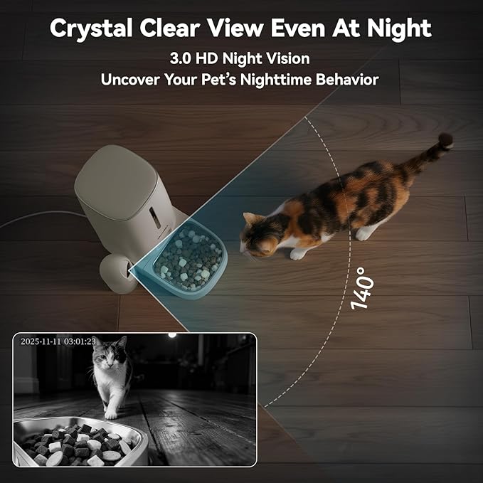 Automatic Cat Dog Feeder 4L with Camera, 1080P HD Video with Night Vision, Removable Camera, 2.4G/5G WiFi Smart Pet Food Dispenser with AI Function(Sub Required), 2-Way Audio, Tuya APP