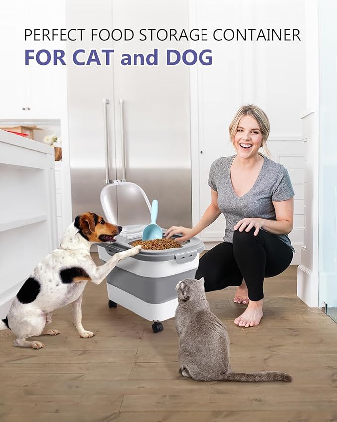 ANVS 20Lbs Dog Food Storage Container Collapsible Dog Food Container with Airtight Lids,Wheels, Scoop and 2.5L Small Pet Food Storage Container Dry Food For Dog, Cat and Other Pet Food (Gray-2)