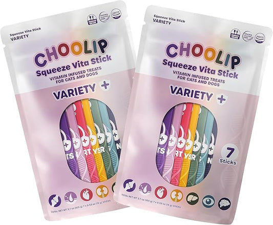 Choolip Squeeze Vita Stick Lickable Cat & Dog Treats – 14 Sticks (2×7 Value Bundle) Variety Pack, Creamy Grain-Free Puree with Multivitamins, Vet-Formulated for All Life Stages & Total Wellness