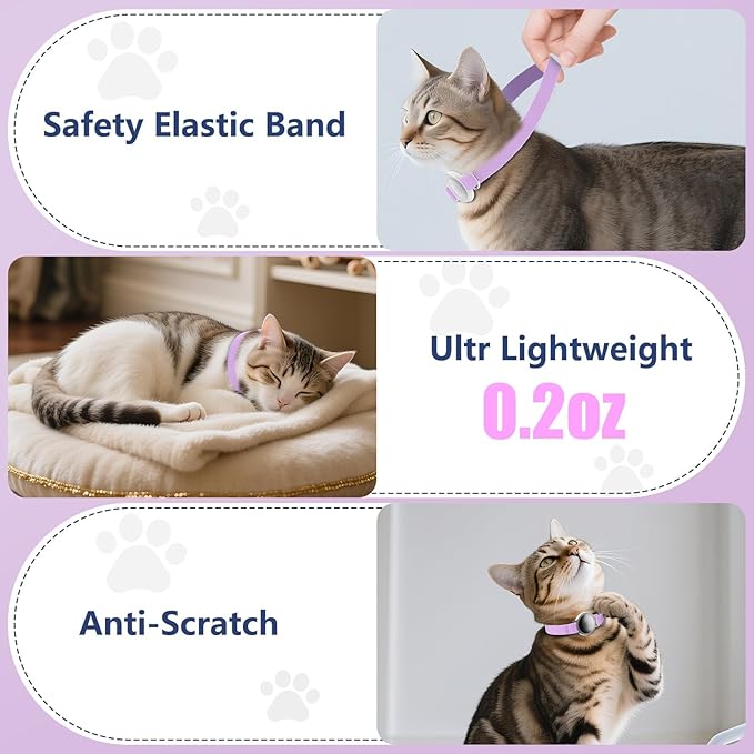 AirTag Cat Collar, Ultra Elastic Cat Tracker Collar, Airtag Holder Compatible with Apple Air Tag, [Lightweight & Scratch Resistant] Adjustable Stepless GPS Pet Collar for Cats Kittens, Purple