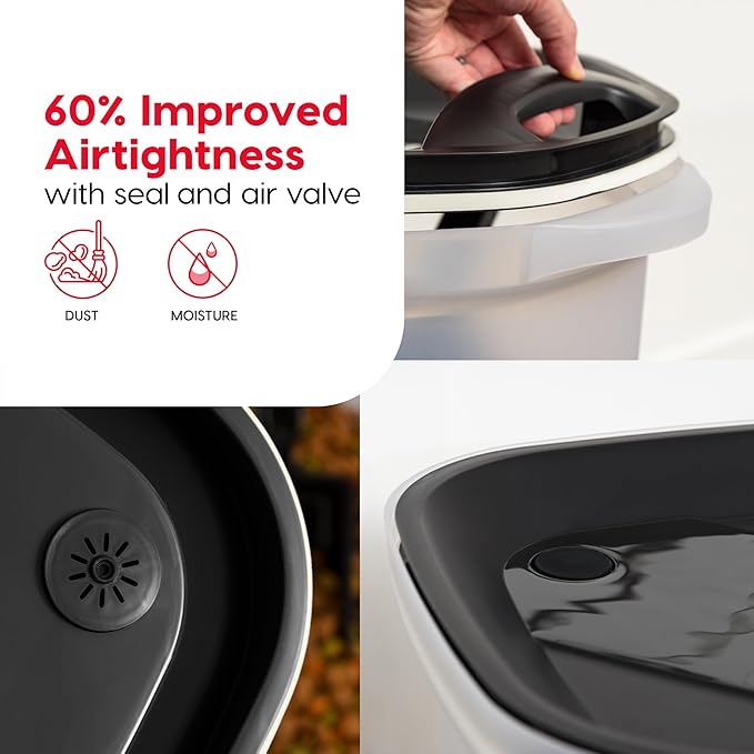 IRIS USA Pet Food Storage Container 25 lbs, Premium 60% Improved Airtight Seal with Air Valve, 2 Cup Scoop, Removable Wheels, Easy to Open - Made in the USA, Black