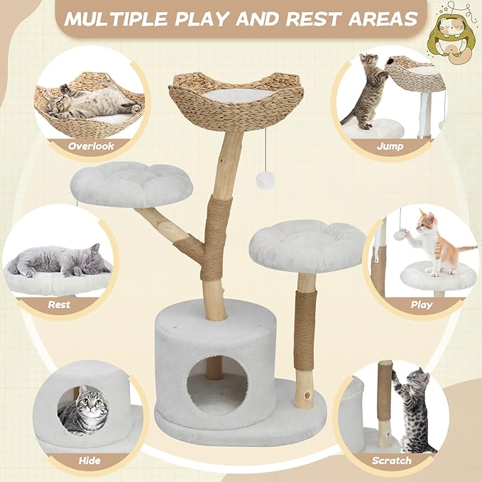 Solid Wood Cat Tree Tower, Modern Multi-Level w/ 2 Flower Perches, Scratching Post, Hanging Ball - Luxury Boho Cat Furniture w/Condo & Wicker Basket for Indoor Cats