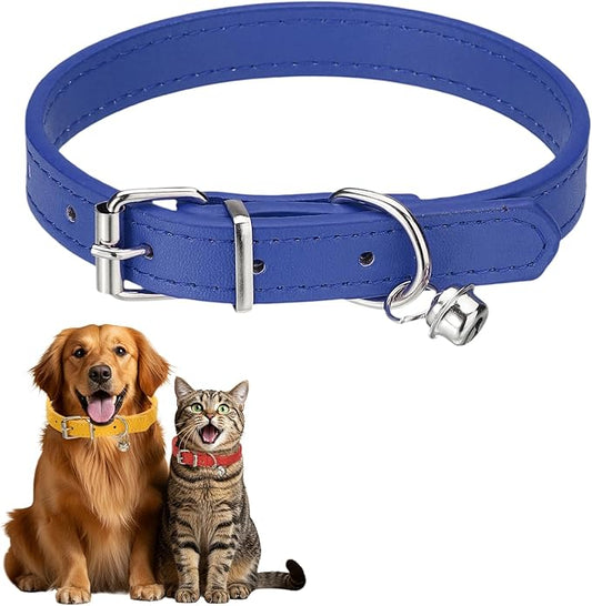 Dog Collar with Bell, Pu Leather Cat Collars Pet Basic Soft Padded Adjustable Buckle, 14.5" (Navy, 1 Pcs), Intended for Teacup/Little Dog/Kitten Cats/Small Animals