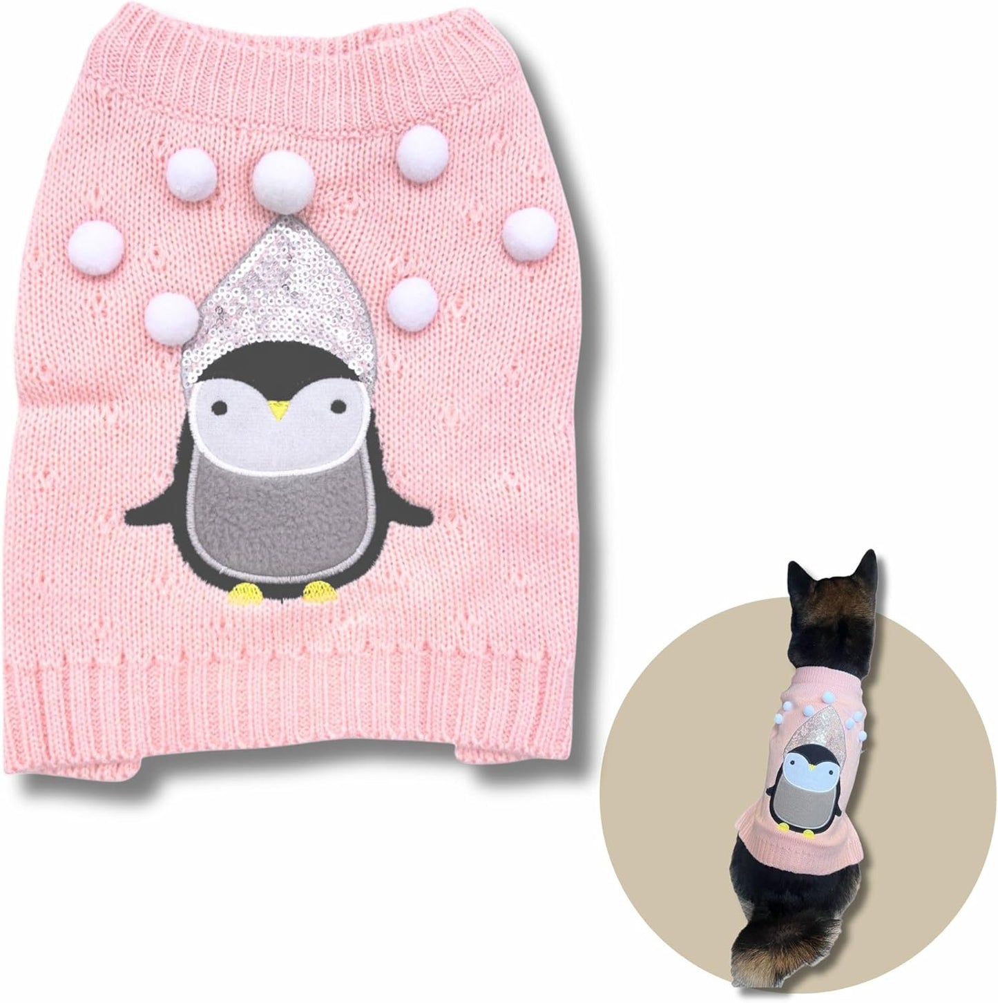 Cute Sweater for Dogs and Cats Soft Flannel Pet Outfit Warm and Cozy Animal Hoodie Small to Large Pet Clothes for Halloween Parties and Everyday Wear (Medium, Pink Pinguin)