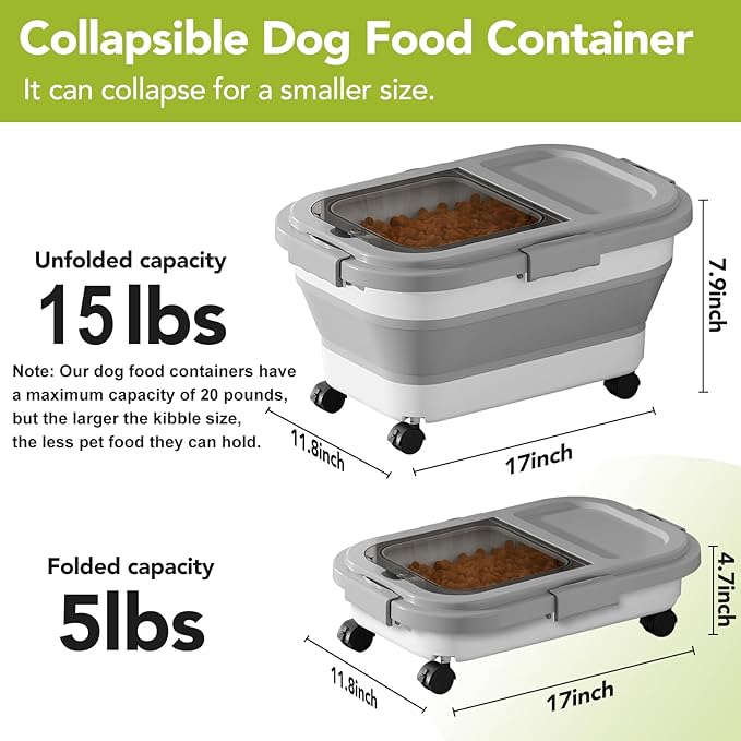 15 Lbs Dog/Cat Food Storage Container,Collapsible Food Storage Containers with Rolling Wheel Airtight Locking Lid,Pet Food Storage Container with Cup and Scoop,Grey