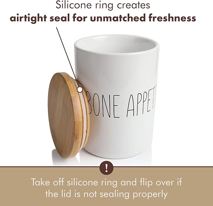 Arthausen Bone Appetite Dog Treats Ceramic Storage Jar Canister - Airtight Bamboo Lid w/Silicone Seal, Spoon - Modern Abstract Art Design for Kitchen Counter or Bathroom - 4 cup / 1080mL