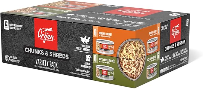ORIJEN Chunks & Shreds Wet Cat Food Variety Pack: Original + Duck & Liver Recipes 3oz Cans (12 Count, 6 of Each)