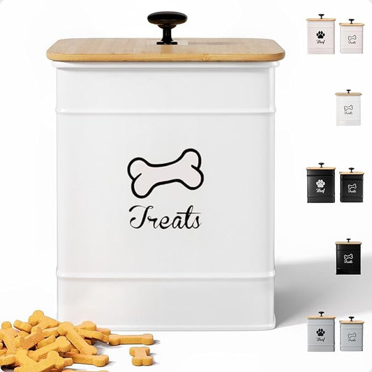 Dog Treat Container Airtight - 5 Inch Wide x 7 Inch Tall Iron Dog Treat Jar for Kitchen Counter with Airtight Bamboo Lid - 7 Cup Capacity Pet Treat Container - Doggie Cookie Jar - Big Treats Canister