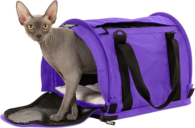 SturdiBag Pro 2.0 Pet Travel Carrier with Flexible Height for Cats and Dogs | Soft Sided Pet Carrier Bag with Safety Clips and Seatbelt Straps for Airplane or Car Travel | Medium, Purple