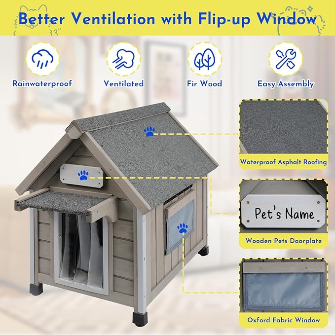 Outdoor Dog House Weatherproof Large Wooden Dog Kennel Indoor for Small Dogs with Chew-Proof Frame, Oxford Fabric Window, Removable Floor Pet Shelter (Grey, 18.1" D x 25.2" W x 24" H)