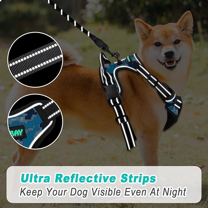 BARKBAY No Pull Dog Harness Large Step in Reflective Dog Harness with Front Clip and Easy Control Handle for Walking Training Running(Blue camo,L)