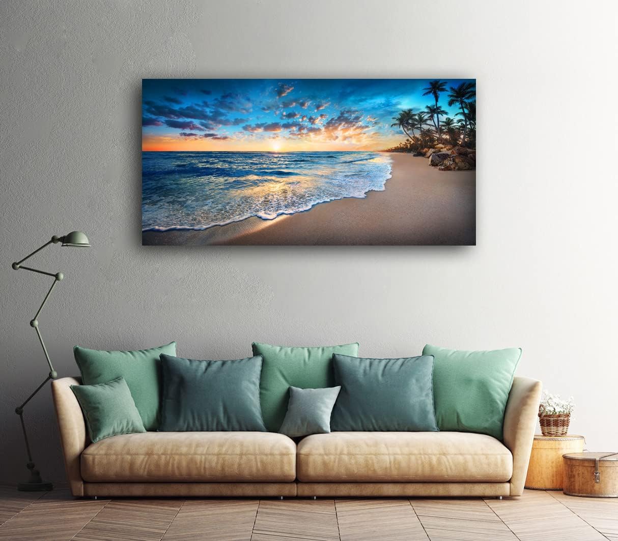 Jiuqinghua Canvas Prints Wall Art Blue Beach Ocean Landscape Paintings 1 panel Sunset Sea Waves Wall Decor Pictures Stretched and Framed for Living Room Bedroom and Office Home Decor Artwork