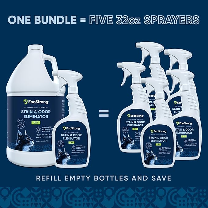 Eco Strong Cat Stain and Odor Remover| Enzyme Urine Odor Neutralizer - Stain Remover for Carpet, Litter Boxes, Bedding, and Laundry [160 Fl Oz Bundle]