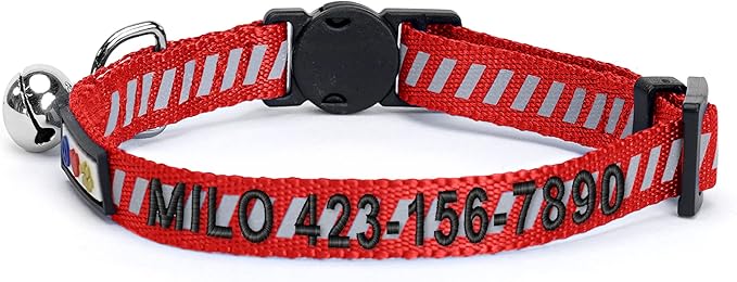Pawtitas Personalized Red Reflective Cat Collar – Adjustable Custom Collar with Safety Buckle, Removable Bell, and Engraved Name & Phone Number for Kittens and Adult Cats