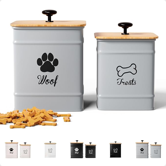 Dog Treat Container Airtight Set of 2 - 8x6 & 7x5 inch Iron Dog Treat Jars for Kitchen Counter with Airtight Bamboo Lids - 20 Cup Capacity Pet Treat Container Set - Doggie Cookie Jar - Treats Canister