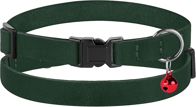 Breakaway Cat Collar Leather with Removable Bell - 13 Colors Available - Soft Adjustable Girl Boy Safety Lightweight Pet Kitten Collars Pink Brown Blue Green Red Orange Black (Emerald)